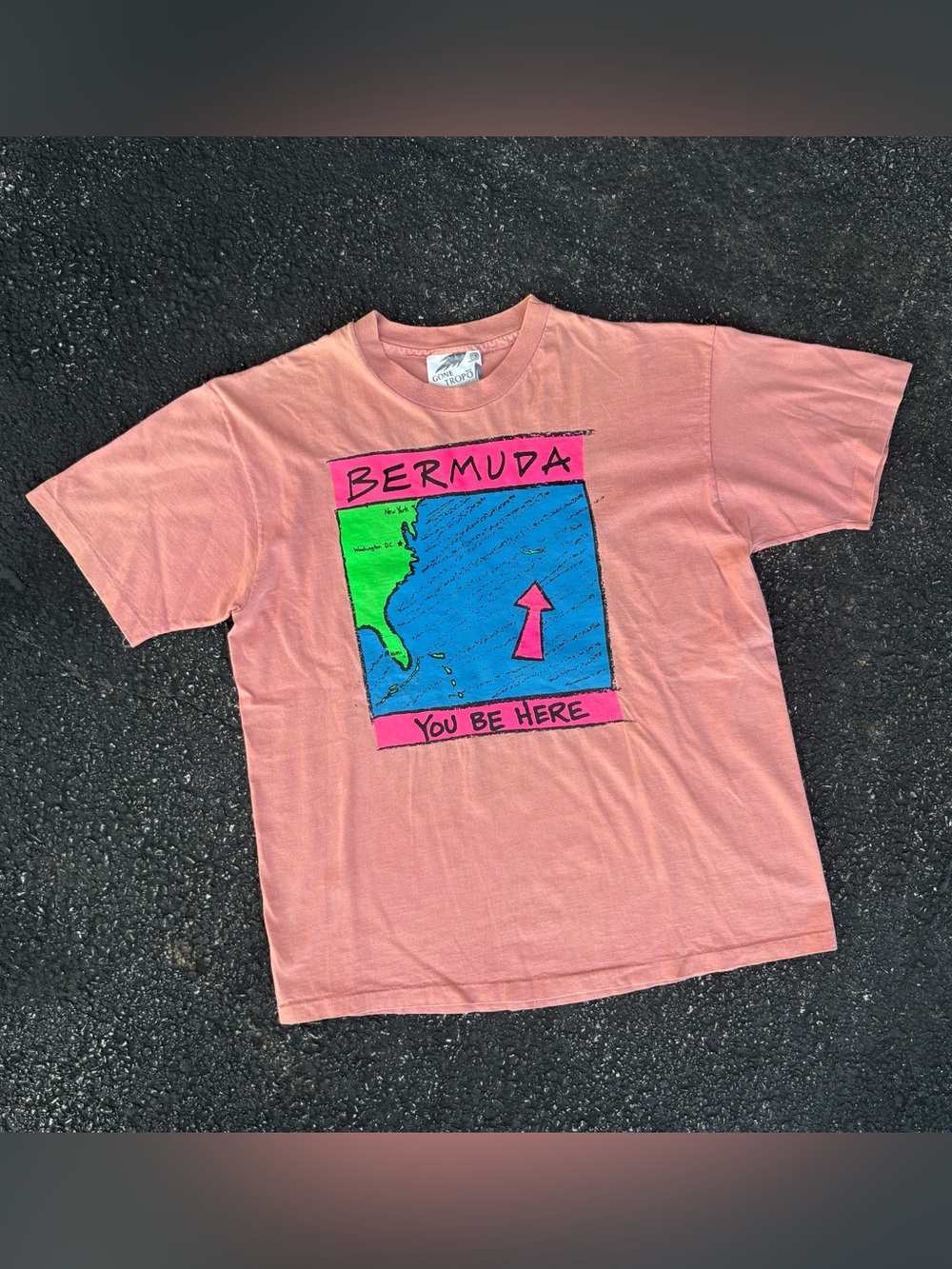 Vintage 90s Bermuda “You Be Here” Salmon Graphic Travel T-Shirt Single Stitch XL